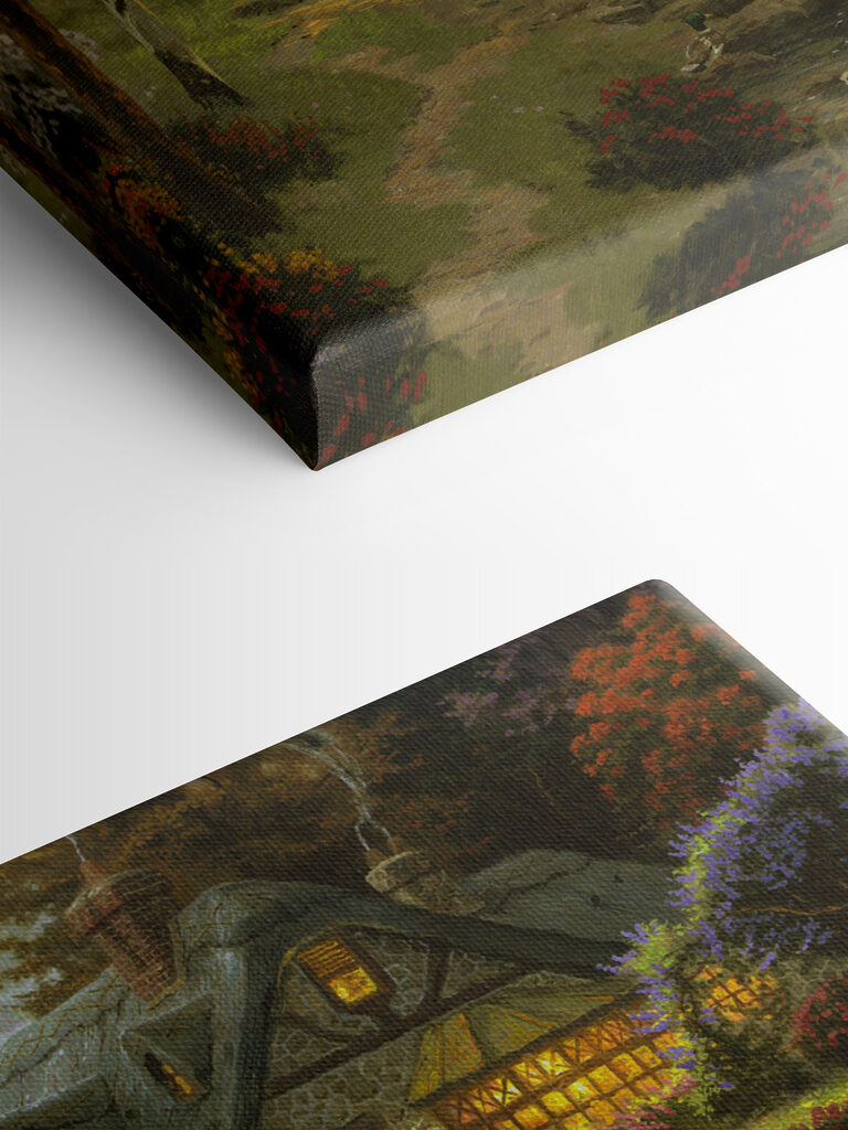 A painting of a cottage by a river