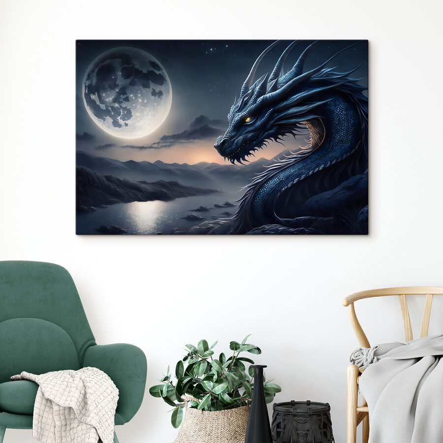 Modrý drak s měsícem v pozadí