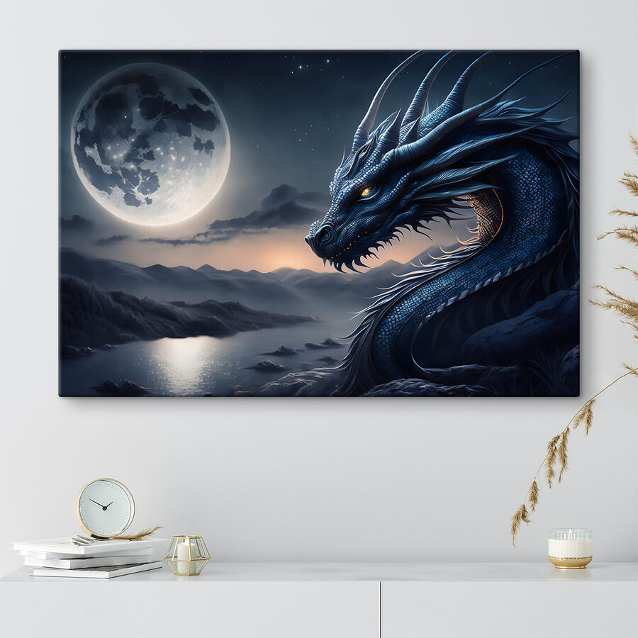 Modrý drak s měsícem v pozadí
