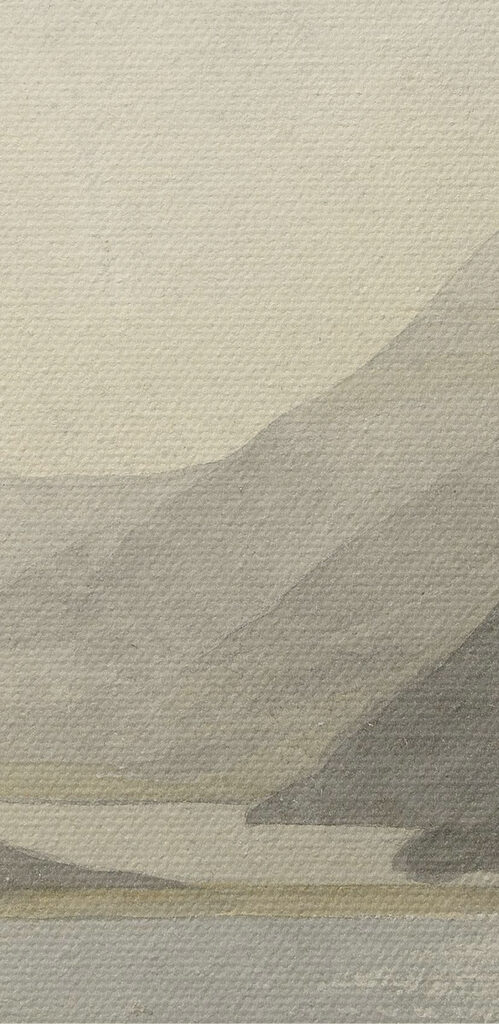 A watercolor of a lake and mountains