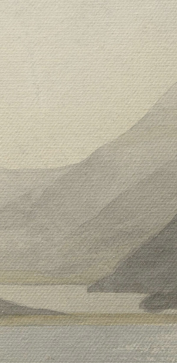 A watercolor of a lake and mountains