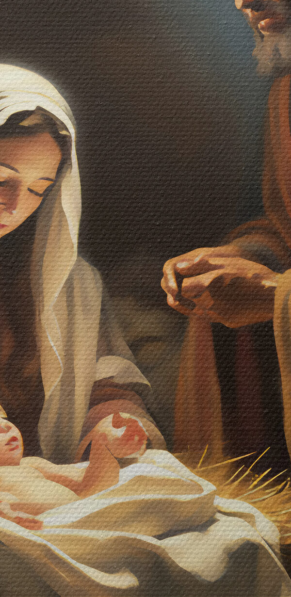 Obraz muže a ženy v jeslích se zvířaty kolem. Obraz muže a ženy v jeslích se zvířaty kolem.