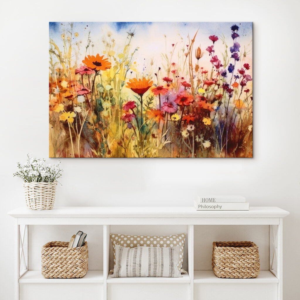 A painting of flowers in a field