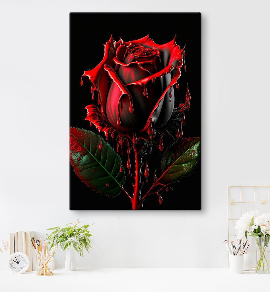 A red rose with green leaves and dripping red paint