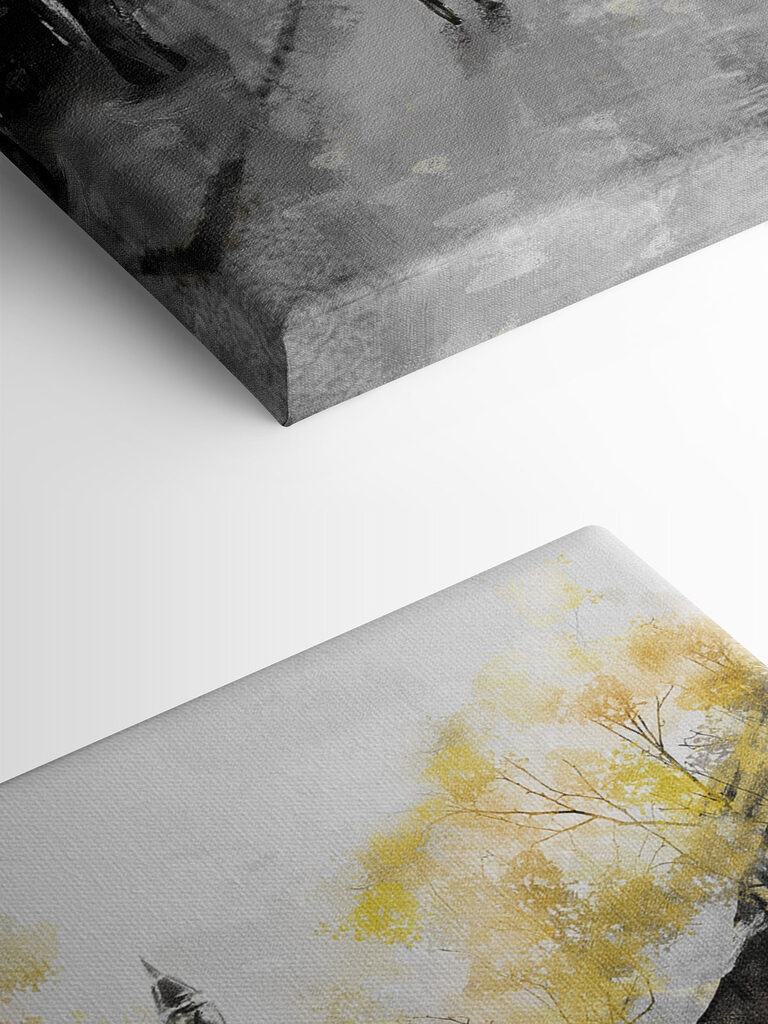 A painting of a street with people walking under an umbrella A painting of a street with people walking under an umbrella