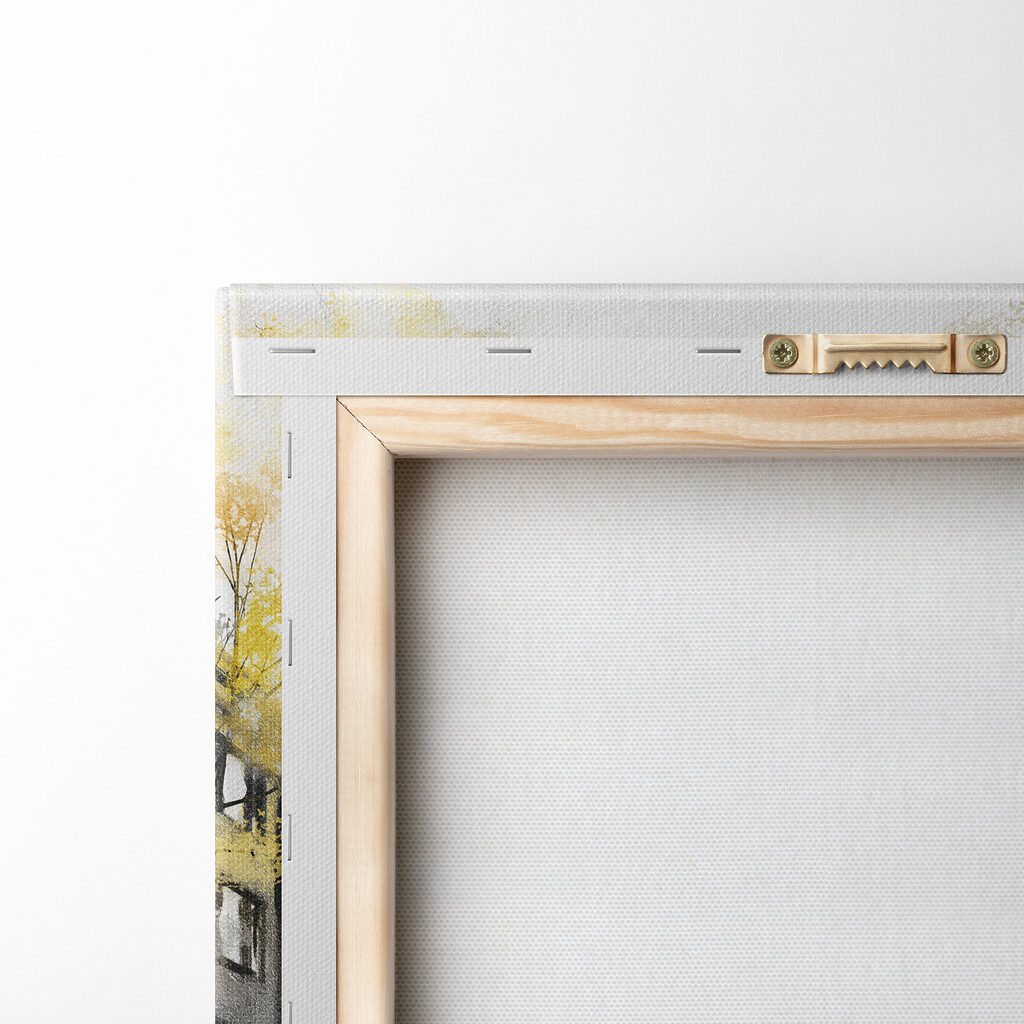 A painting of a street with people walking under an umbrella A painting of a street with people walking under an umbrella