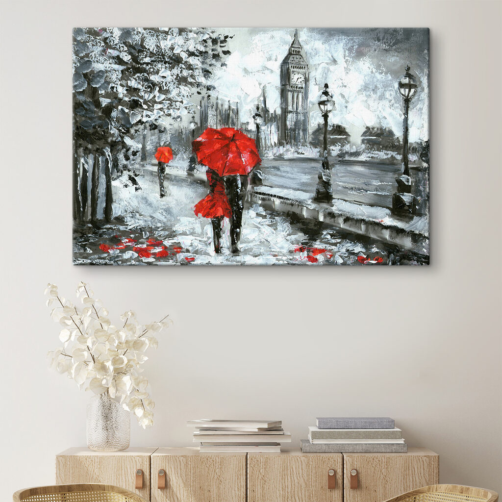 A painting of a couple holding umbrellas in a snowy city
