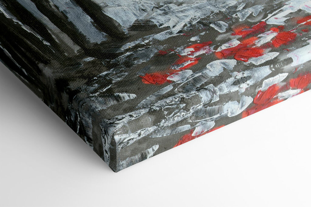 A painting of a couple holding umbrellas in a snowy city