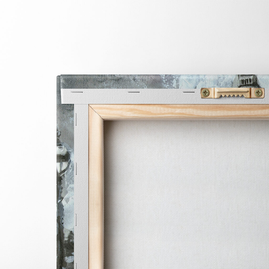 A painting of a couple holding umbrellas in a snowy city