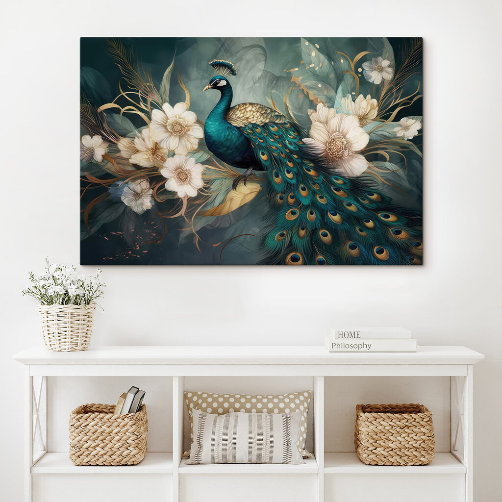 A peacock sitting on a branch with flowers A peacock sitting on a branch with flowers