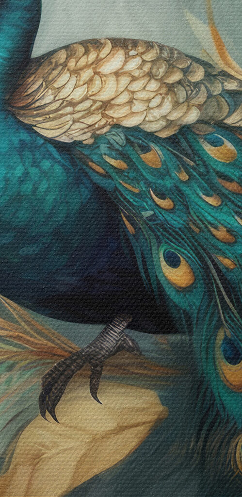 A peacock sitting on a branch with flowers A peacock sitting on a branch with flowers