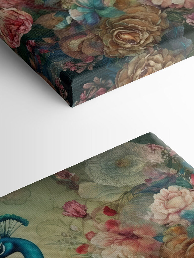 A peacock with flowers and leaves