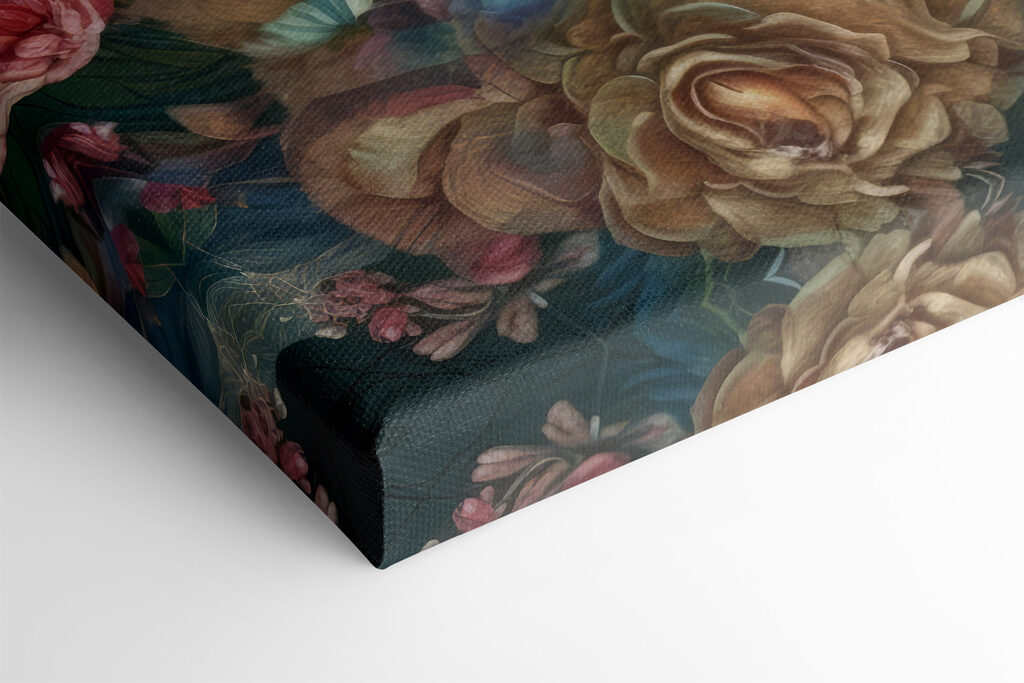 A peacock with flowers and leaves