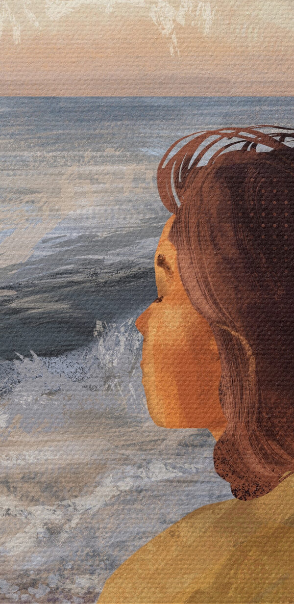 Žena sedící na pláži a hledící na oceán Žena sedící na pláži a hledící na oceán