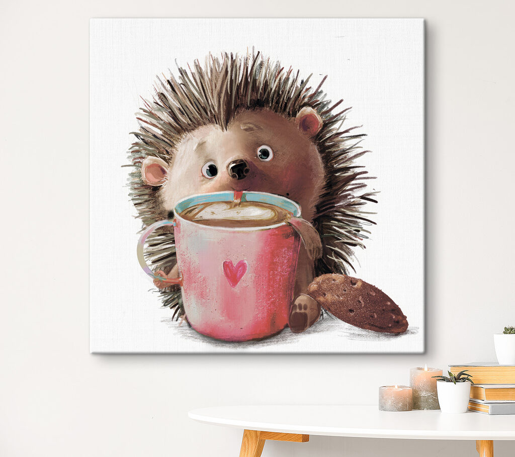 A hedgehog holding a cup of coffee