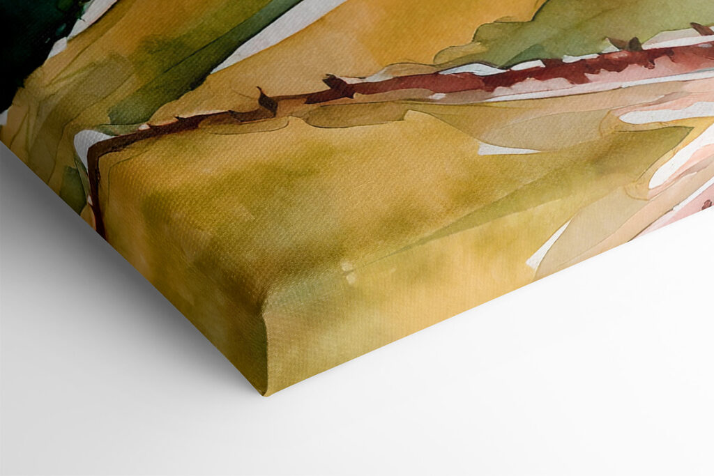 Watercolor of a house on a hill with trees and hills