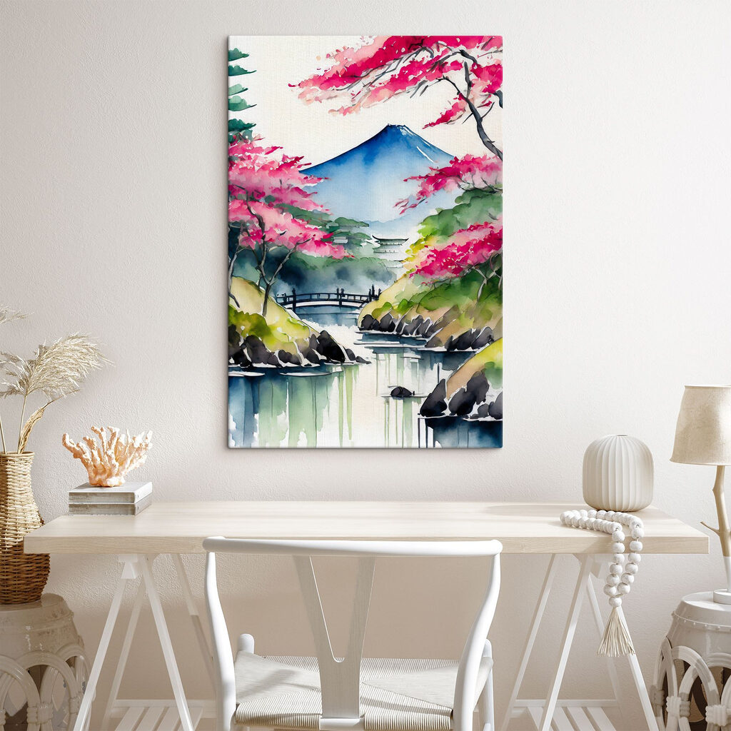 Watercolor painting of a mountain and trees with pink flowers Watercolor painting of a mountain and trees with pink flowers