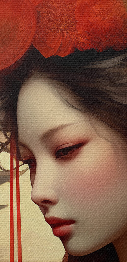 A woman with long hair and red flowers in her hair