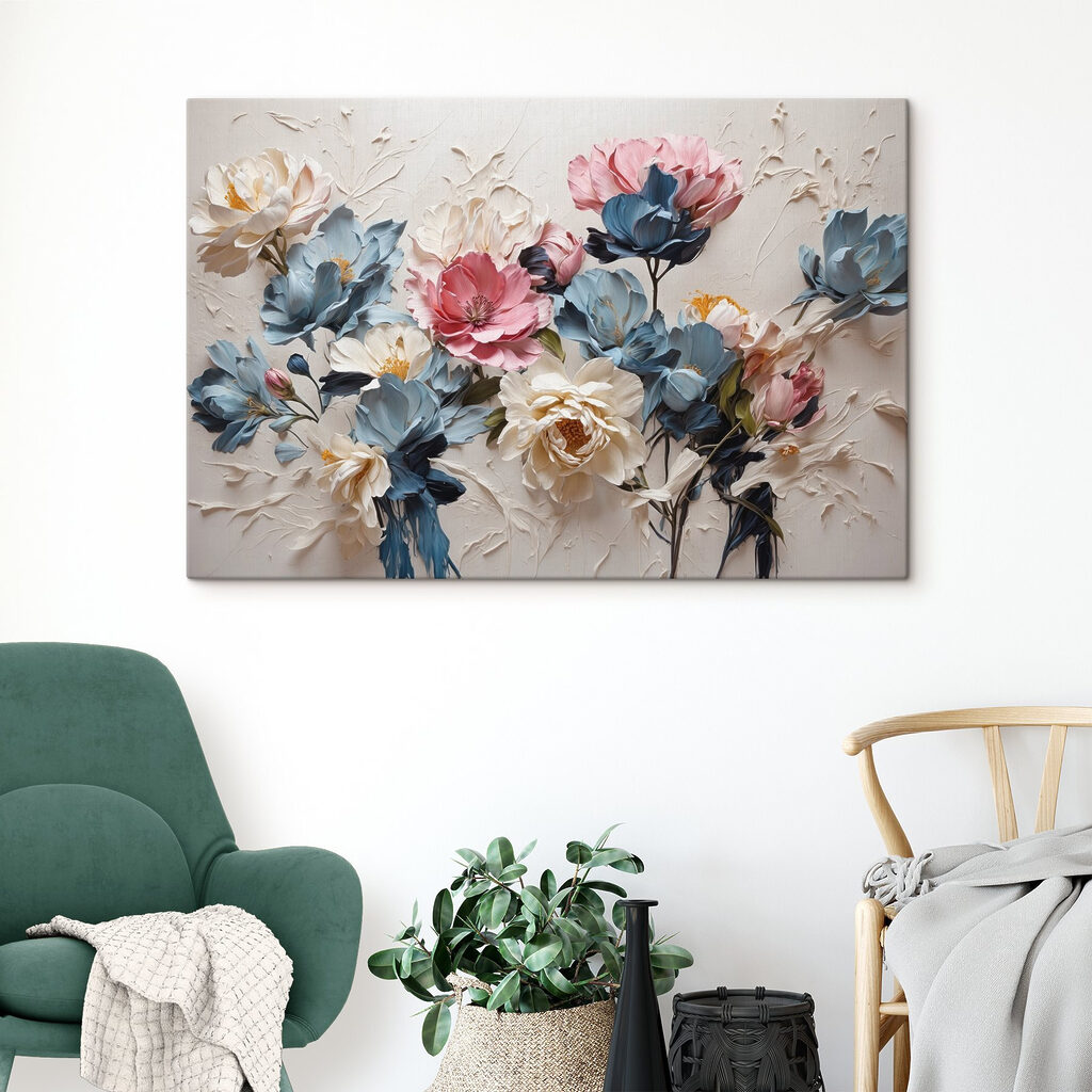 A painting of flowers on a white surface A painting of flowers on a white surface