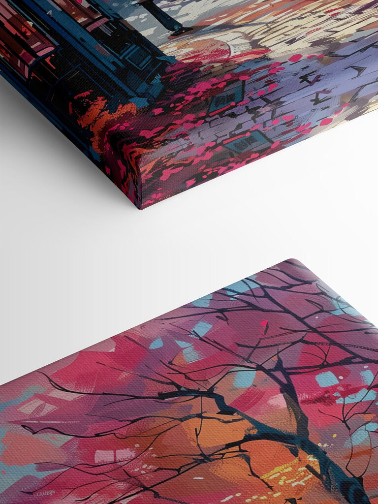 A street with tables and chairs and umbrellas