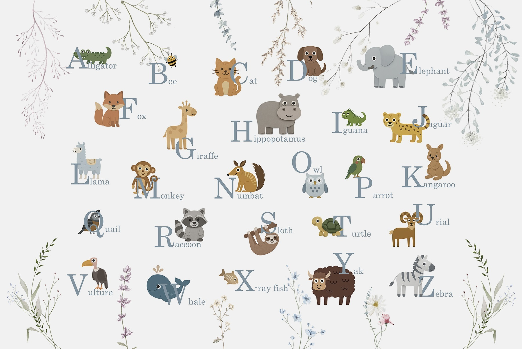 Group of animals with letters