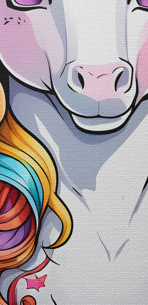 A cartoon unicorn with rainbow hair