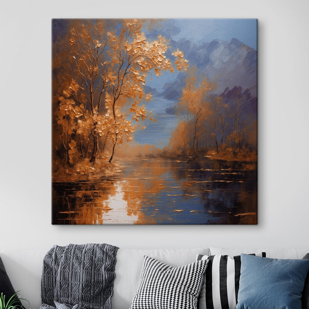 A painting of trees and water