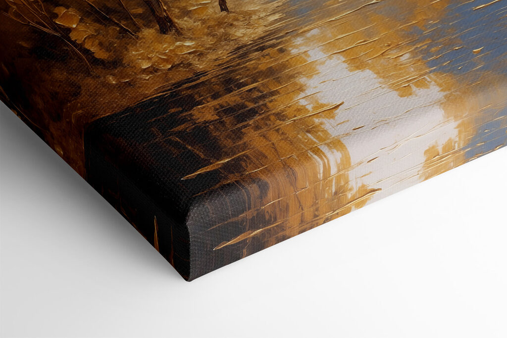 A painting of trees and water