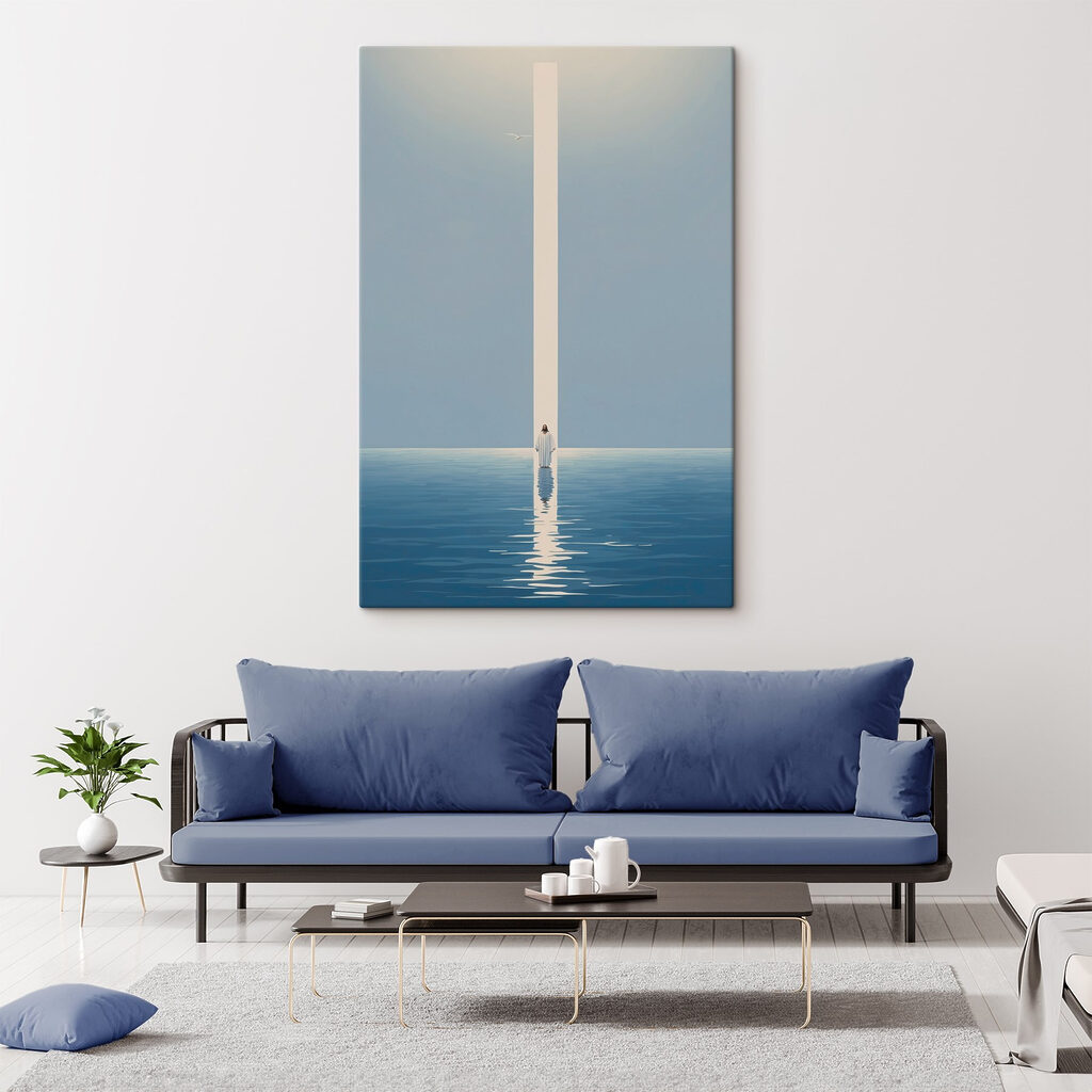 A person standing in water with a light beam