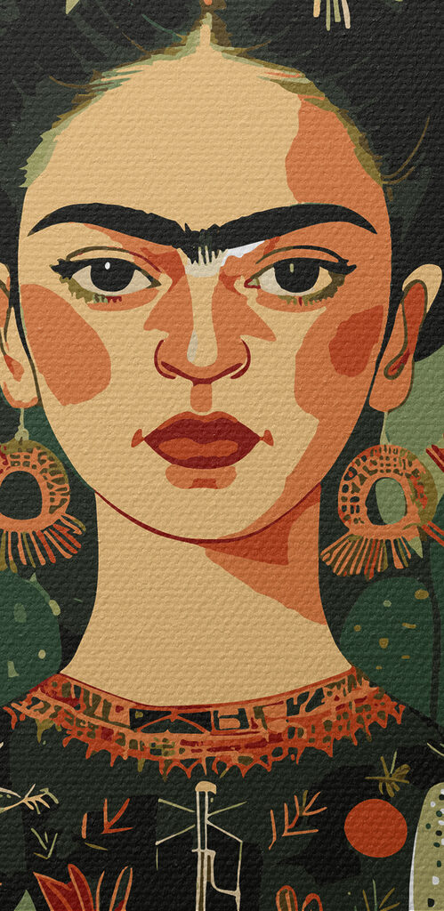 A painting of a woman with cactuses