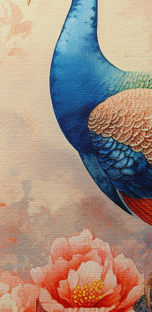 A painting of a peacock on a branch with flowers