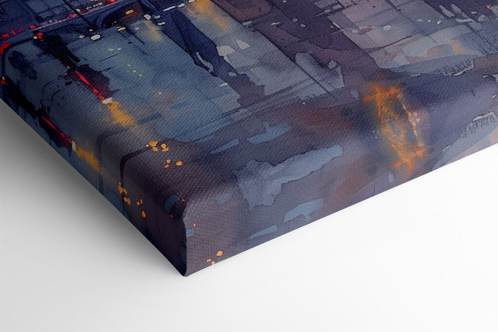 A watercolor painting of a city with a clock tower and a river