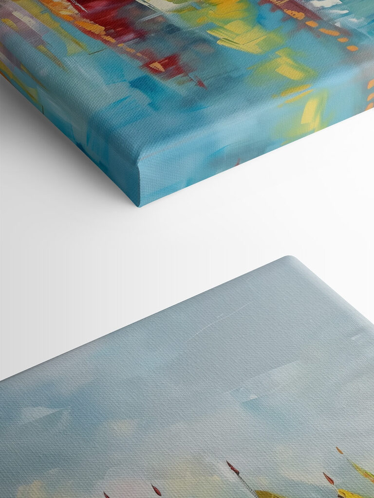 A painting of sailboats on water