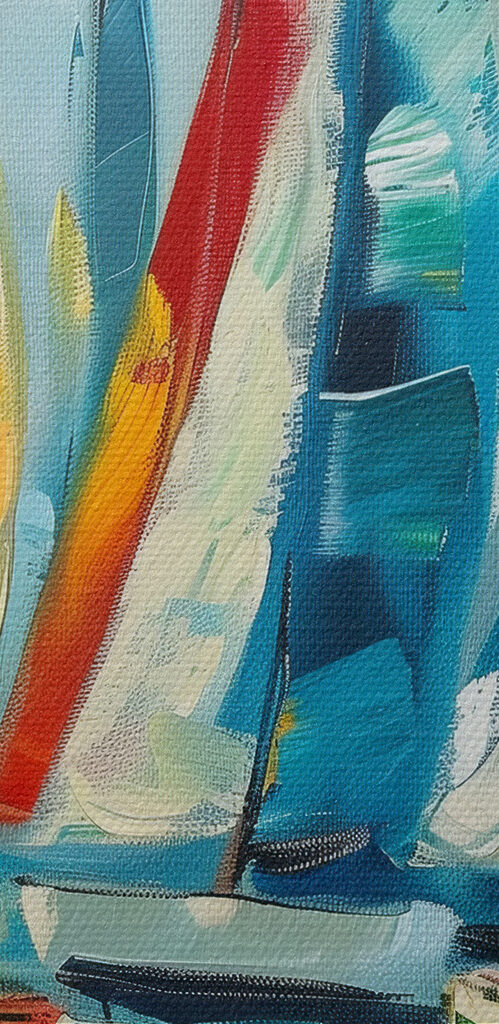 A painting of sailboats on water
