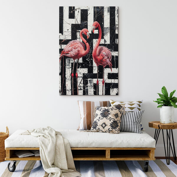 A painting of flamingos on a black and white background
