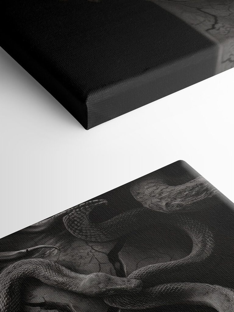 A statue of a woman with a cracked face and snakes around her face