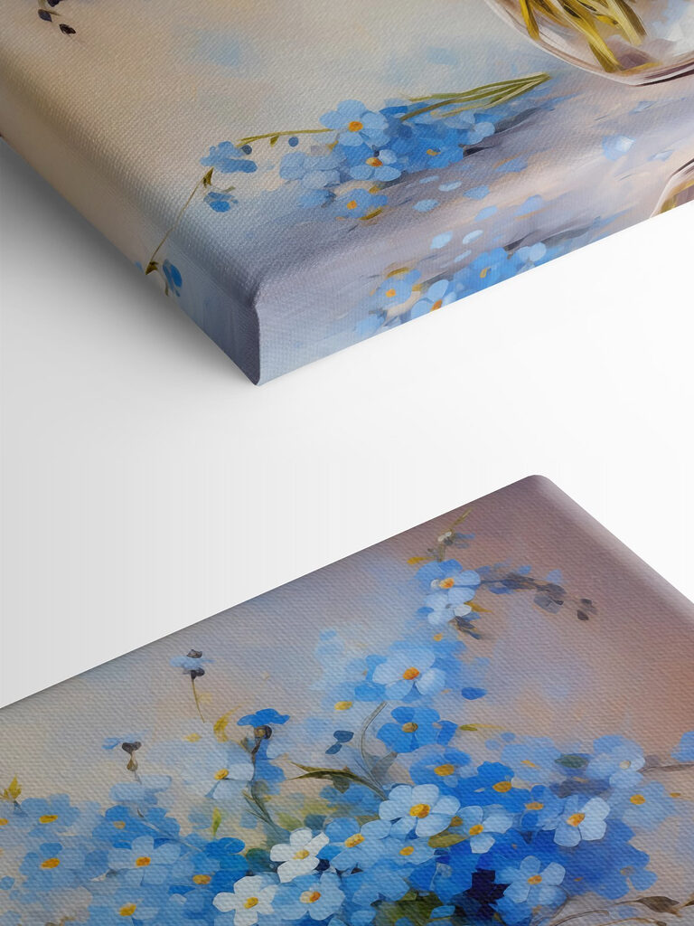 A painting of blue flowers in a vase