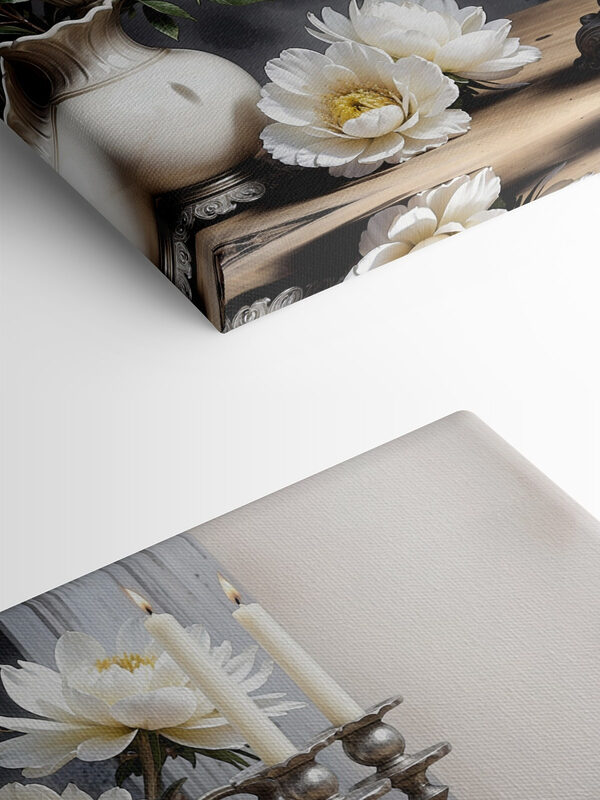 A silver candelabra with white flowers A silver candelabra with white flowers