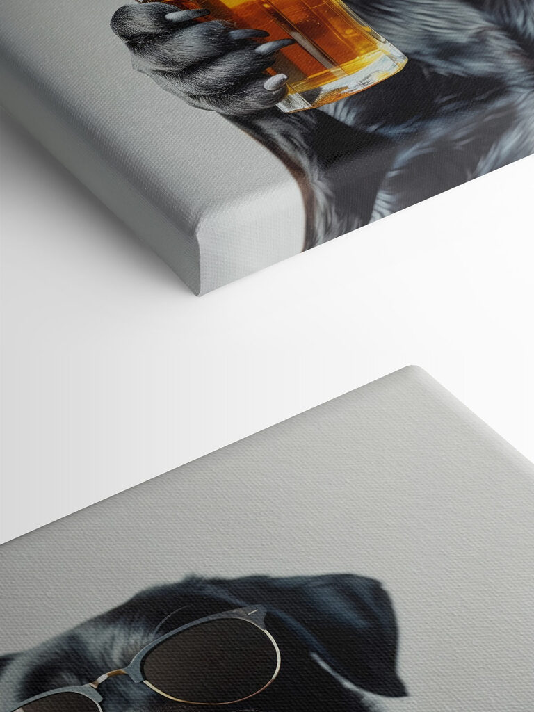 Dog wearing sunglasses and holding a glass of beer