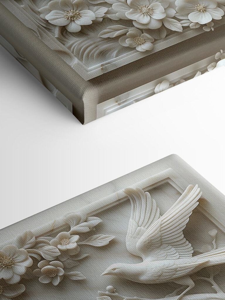 White sculpture of birds and flowers