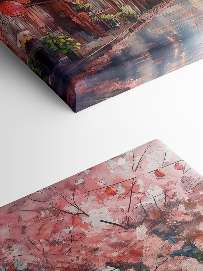 Street with pink lanterns and trees