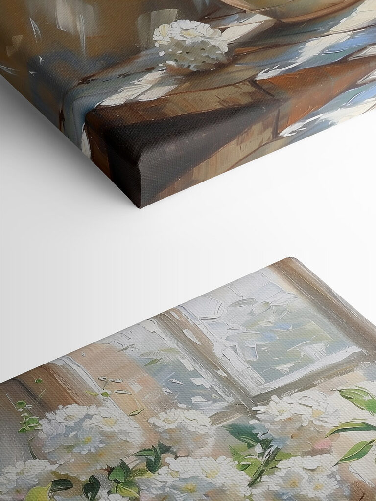 Vase of white flowers in front of a window