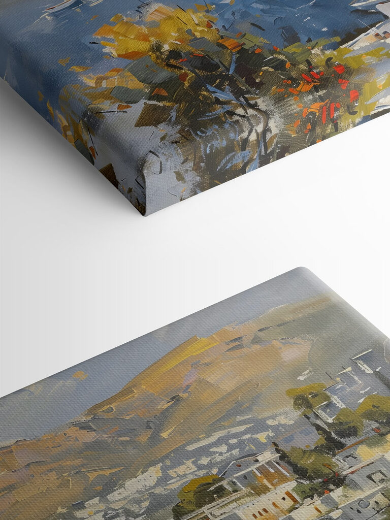 Painting of a city and a body of water