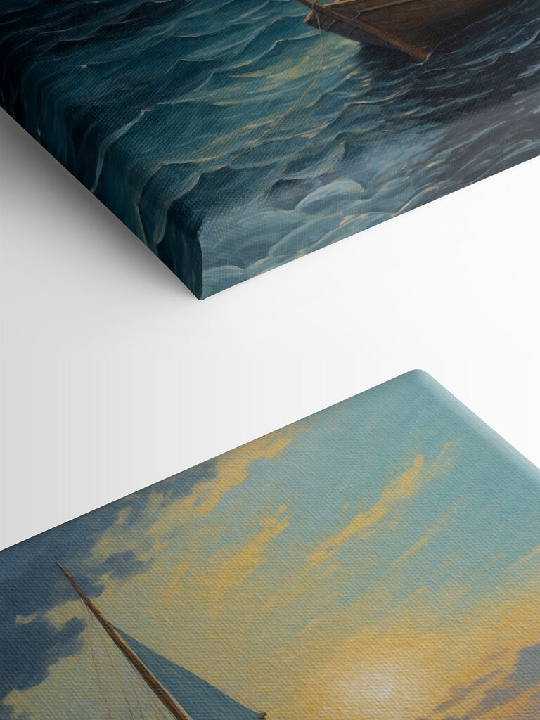 Painting of a man in a boat in the ocean