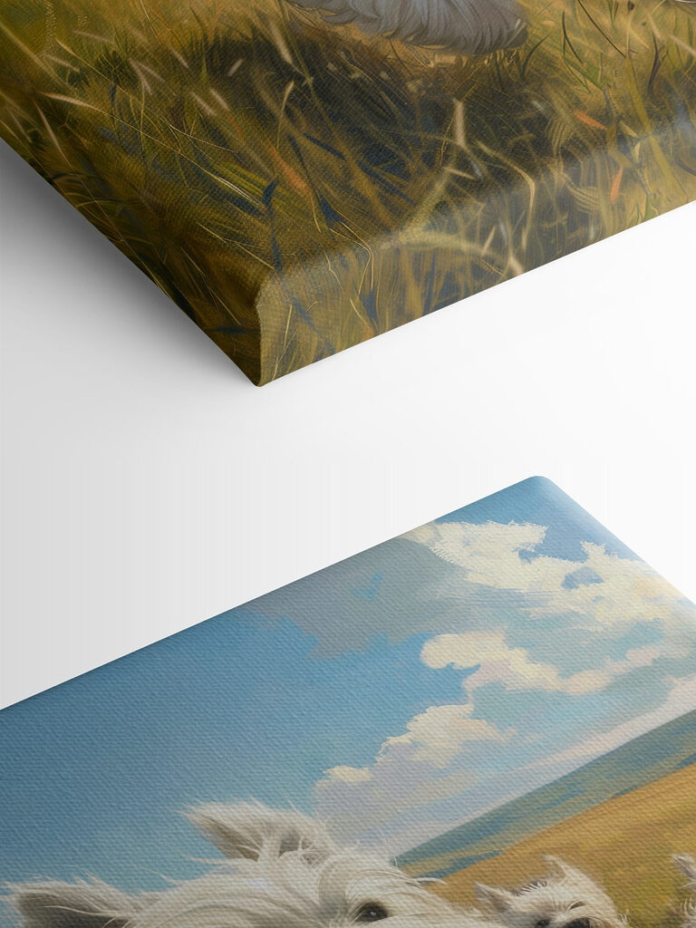 Group of white dogs running in a field