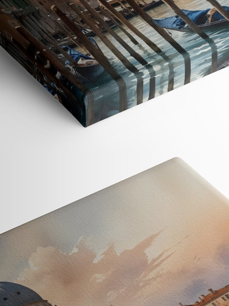 Group of gondolas in a body of water with a large building in the background