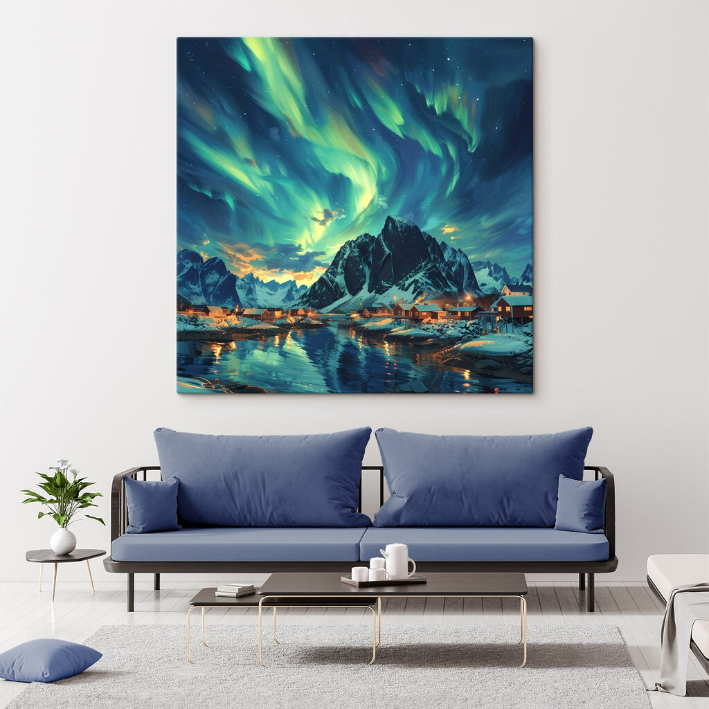 Landscape with a lake and houses in the snow