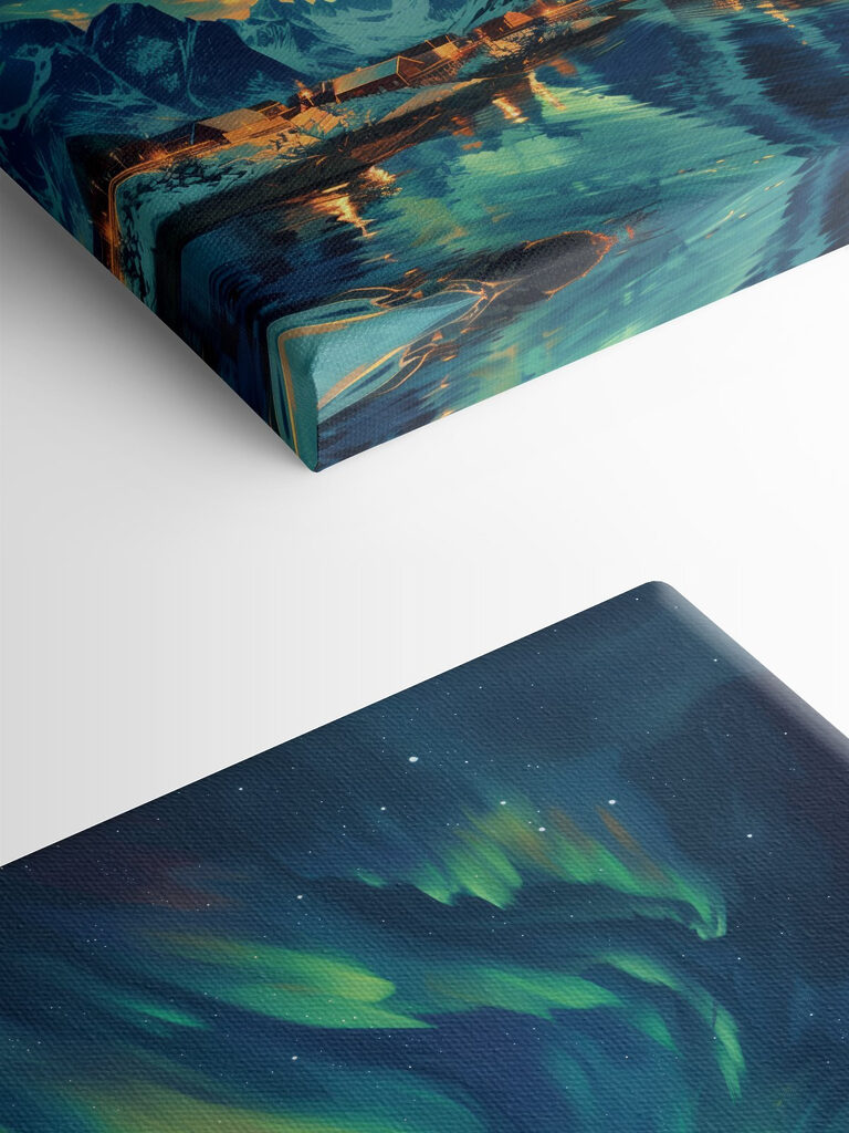 Landscape with a lake and houses in the snow