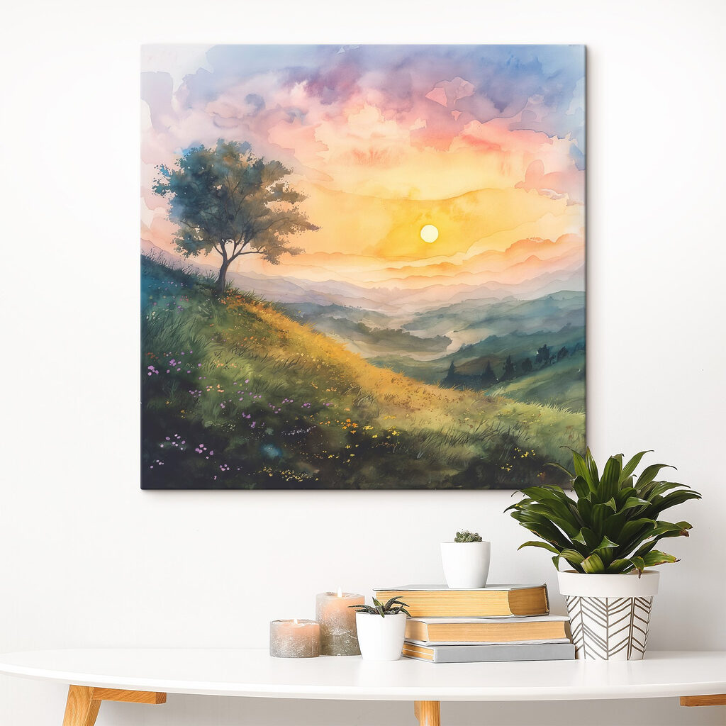 Painting of a landscape with a tree and flowers Painting of a landscape with a tree and flowers