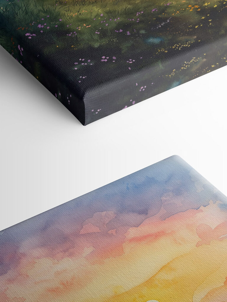 Painting of a landscape with a tree and flowers Painting of a landscape with a tree and flowers